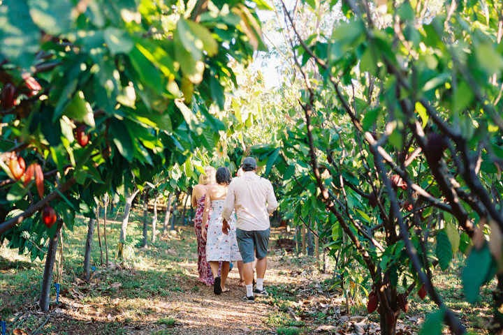 group of people walking through a farm