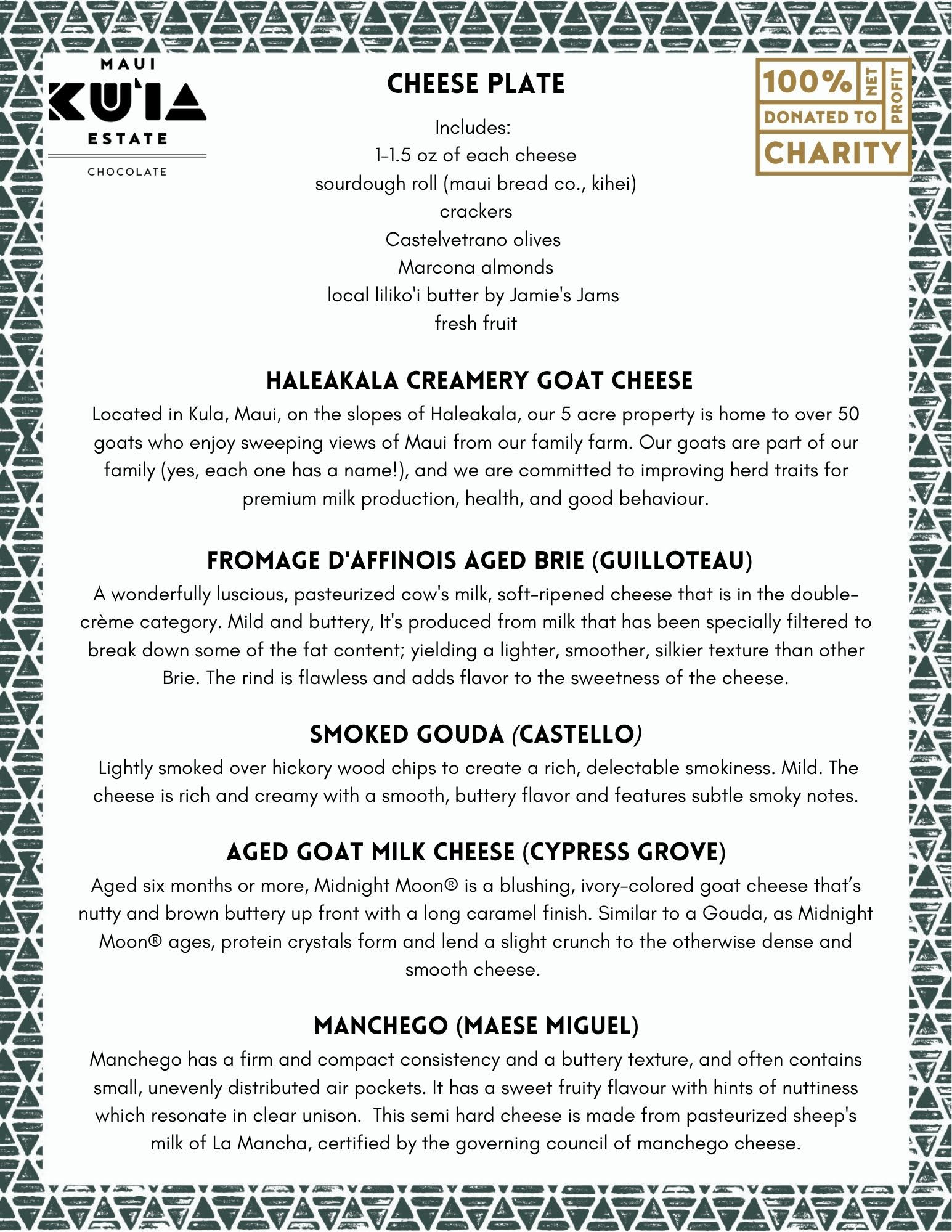 Cheese plate description with cheeses, olives, almonds, butter, fruit, and a note on 100% net profit charity.