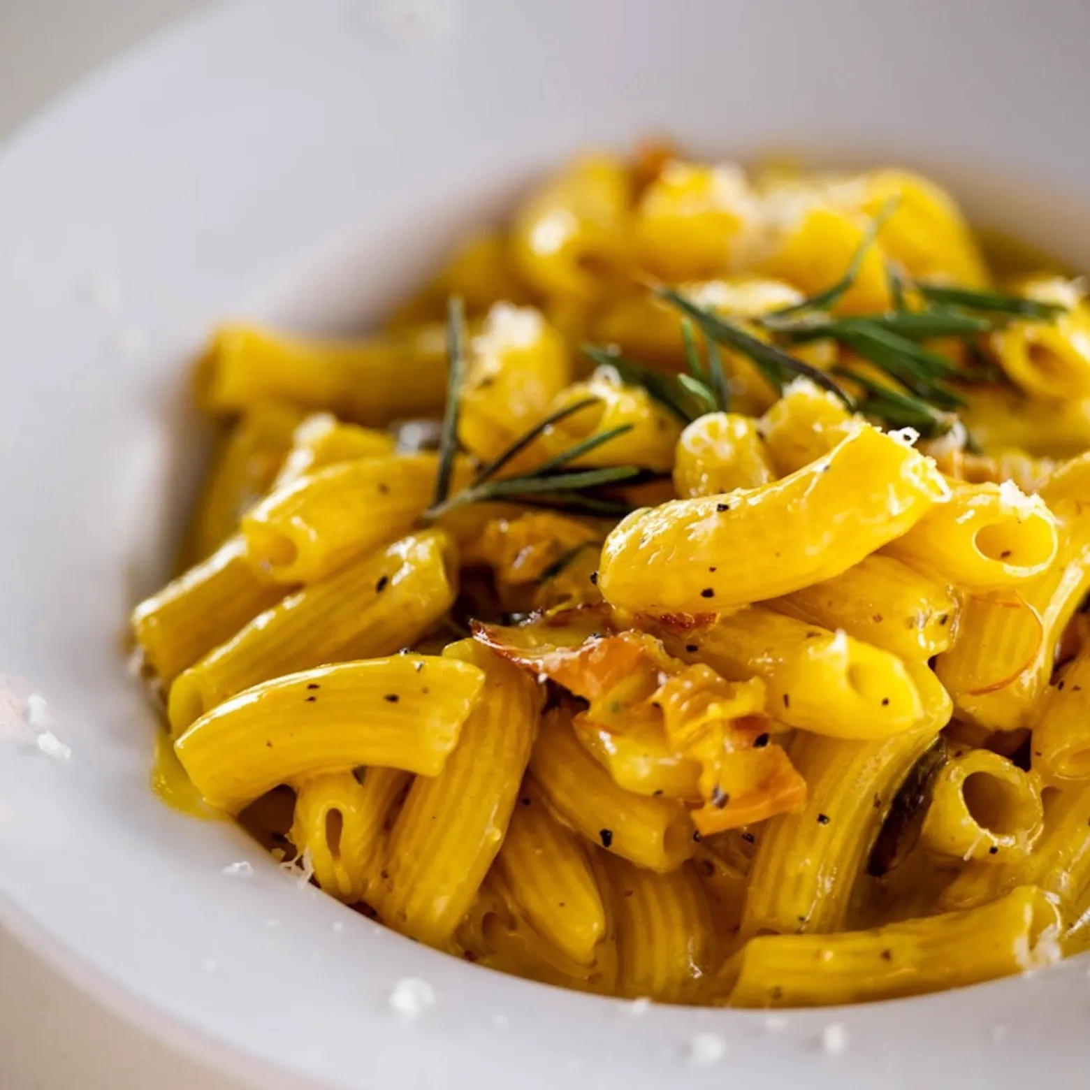 Bowl of pasta with yellow sauce and rosemary garnish on top.