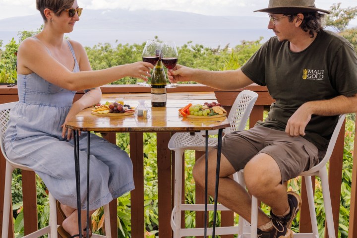 Two people clinking wine glasses at a patio table with food, overlooking a scenic view.